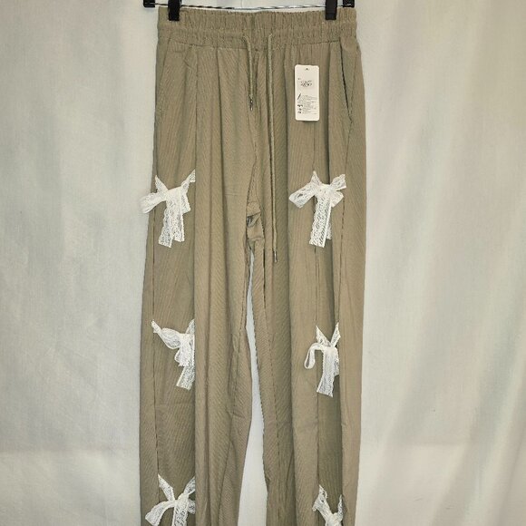 Olive Green Khaki Dress Pants with Bow Ties - Picture 1 of 3